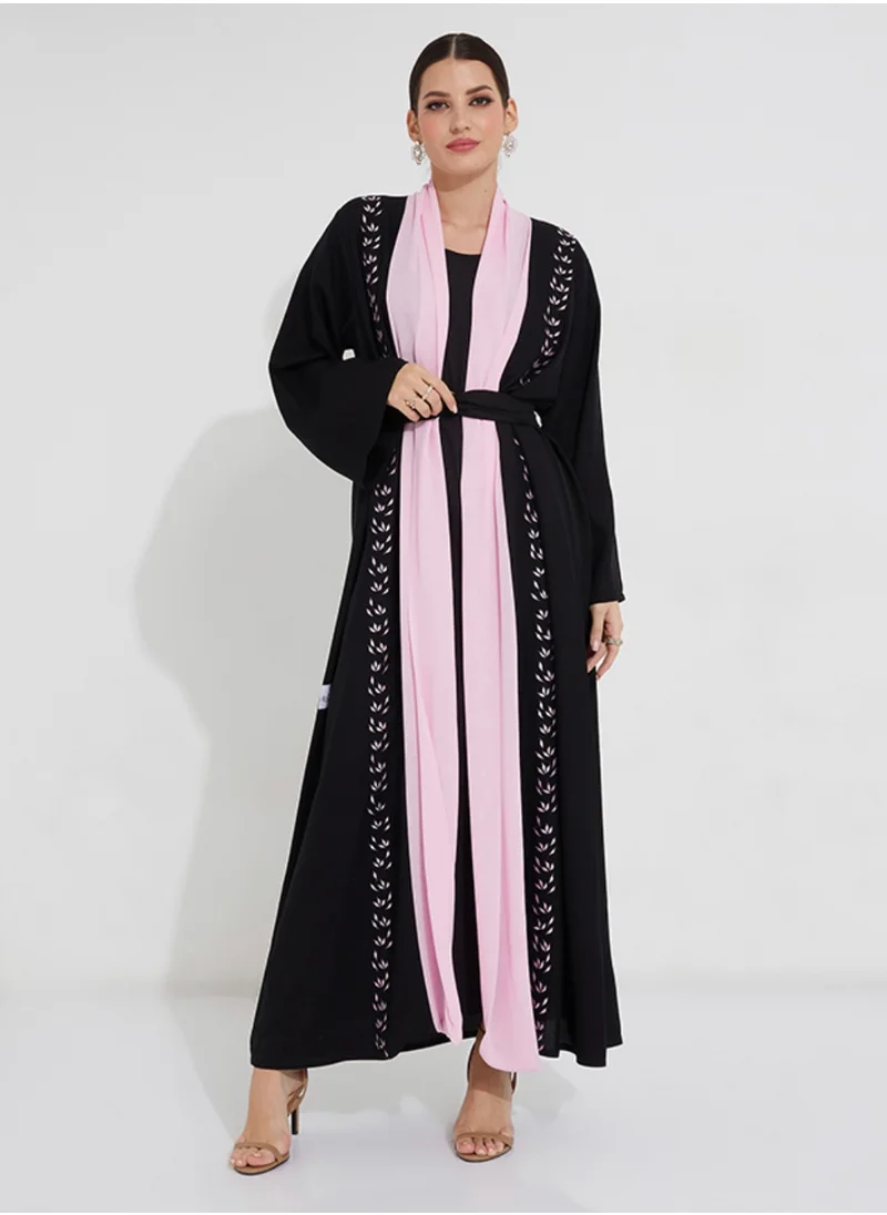 Rosette Abaya Pink Embroidery Abaya Wide Sleeves