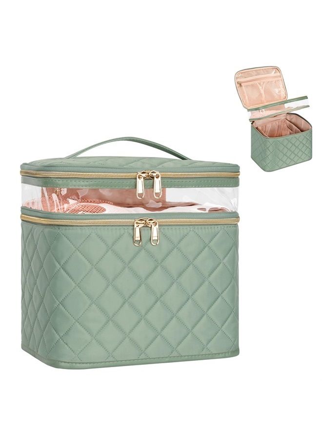 OCHEAL Large Makeup Bag, Double Layer Makeup Bag, Vertical Storage Cosmetic Case for Women/Girls with Multiple Compartments-Green - Image 1