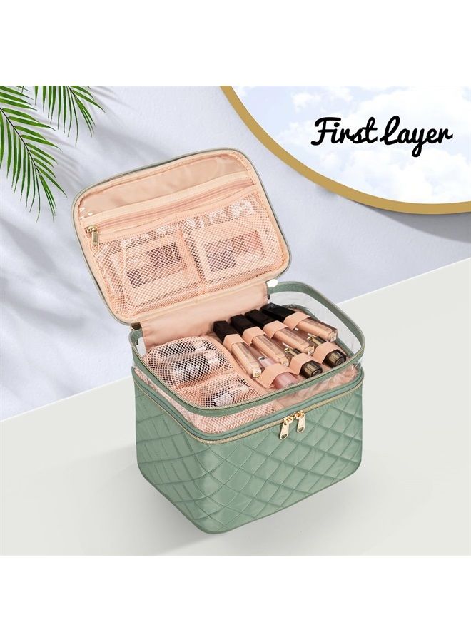 OCHEAL Large Makeup Bag, Double Layer Makeup Bag, Vertical Storage Cosmetic Case for Women/Girls with Multiple Compartments-Green - Image 5