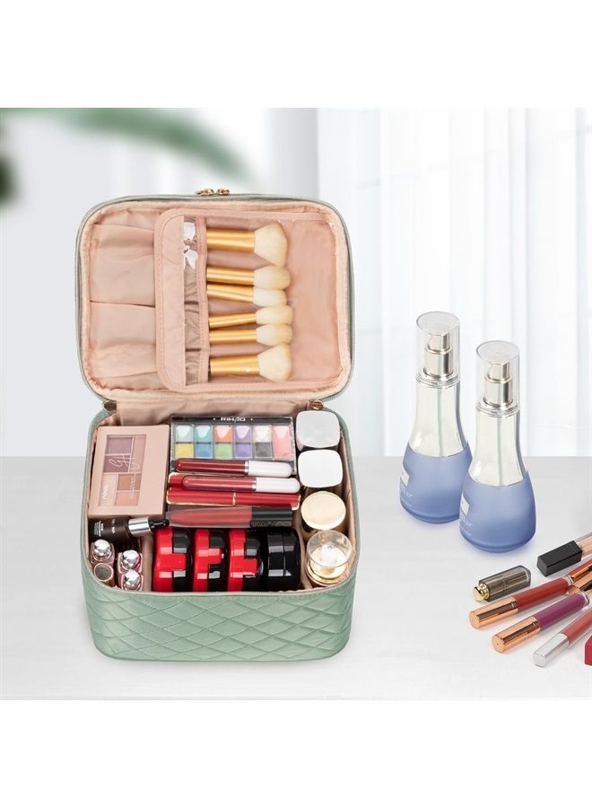 OCHEAL Large Makeup Bag, Double Layer Makeup Bag, Vertical Storage Cosmetic Case for Women/Girls with Multiple Compartments-Green - Image 4