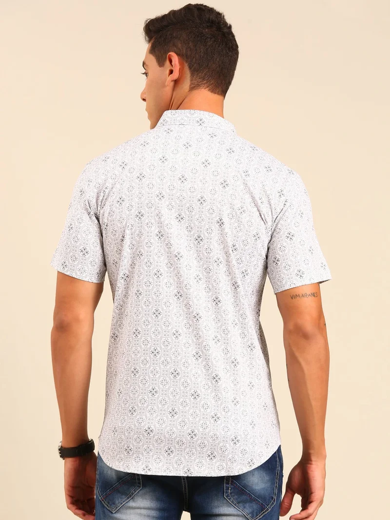 Joven Men's White and Black Printed Cotton Shirt