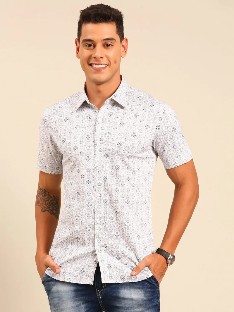 Joven  Men's White and Black Printed Cotton Shirt for Men | Best Price UAE
