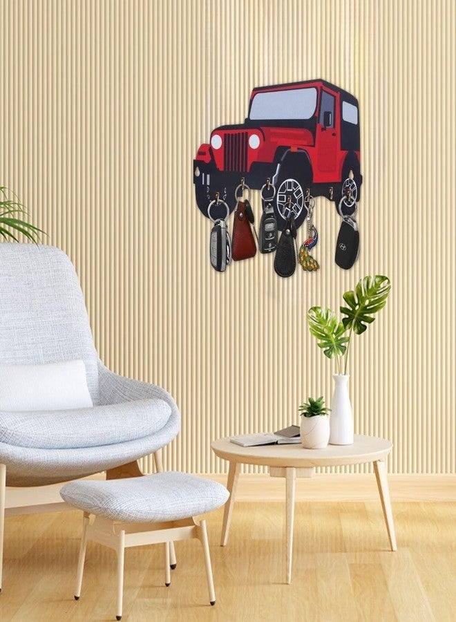 CAPIO ART Stylish Red Jeep Key Holder | 7- Hook Key Hanger for Home Entrance & Living Room | Stylish Premium Wooden Key Organizer for Keys & Accessories | Without Frame (Jeep Theme) - Image 3