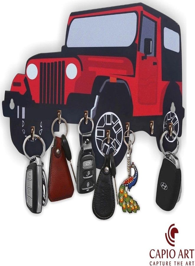 CAPIO ART Stylish Red Jeep Key Holder | 7- Hook Key Hanger for Home Entrance & Living Room | Stylish Premium Wooden Key Organizer for Keys & Accessories | Without Frame (Jeep Theme) - Image 2