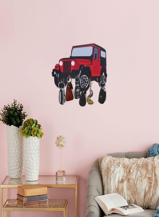 CAPIO ART Stylish Red Jeep Key Holder | 7- Hook Key Hanger for Home Entrance & Living Room | Stylish Premium Wooden Key Organizer for Keys & Accessories | Without Frame (Jeep Theme) - Image 1