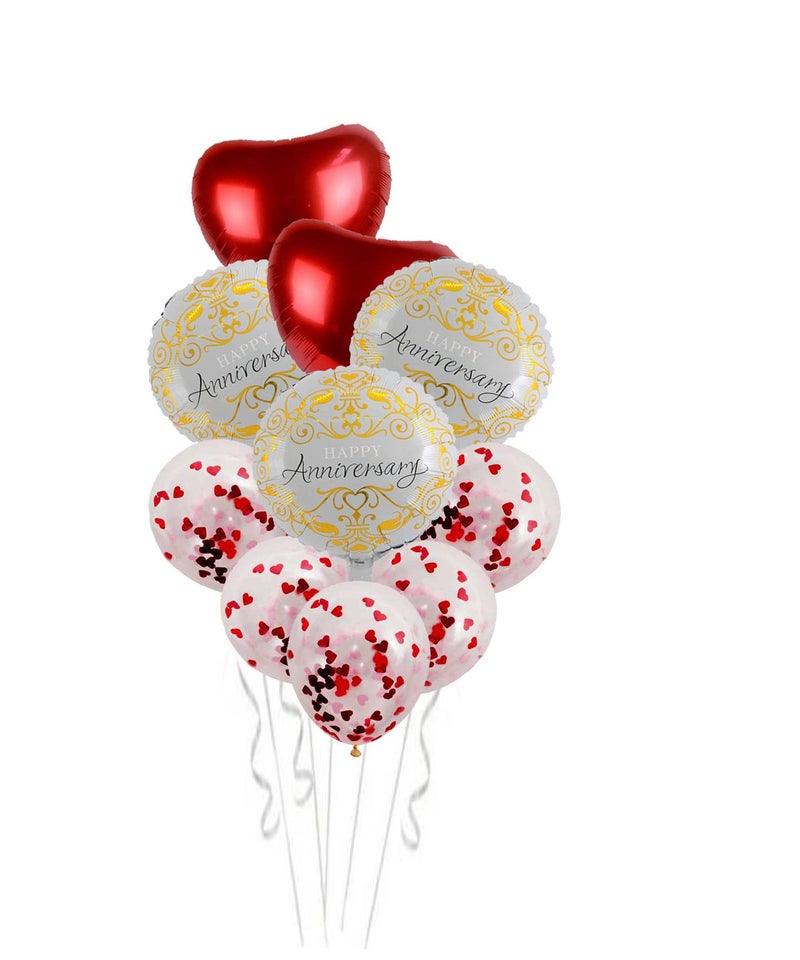 SOI Happy Anniversary Round Foil Balloon 10 PCS Red Heart Foil Balloons For Decoration | Red Confetti Balloons | Anniversary Balloons For Decoration - Image 1