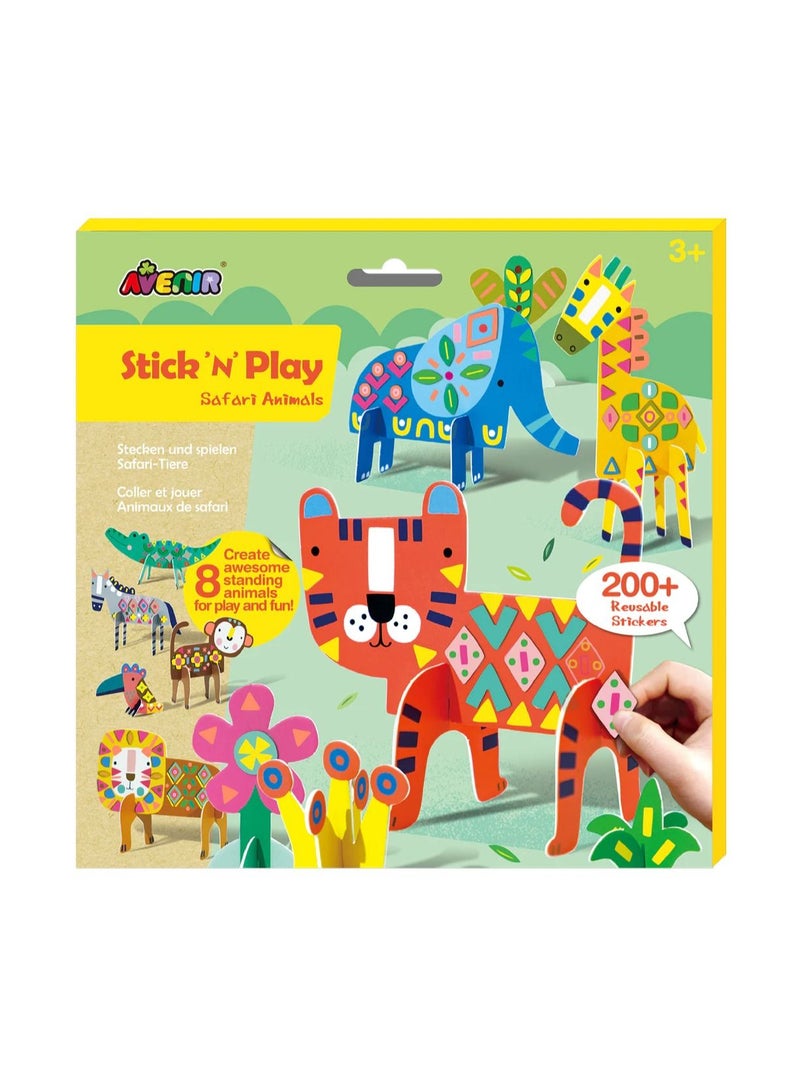 Avenir Stick 'N Play Series - Safari Animals | 200+ Reusable Stickers for Endless Fun! Create Play Scenes with 8 Illustrated Theme Cards, Make Your Own Animal Figures | For Kids 3+ - Image 1