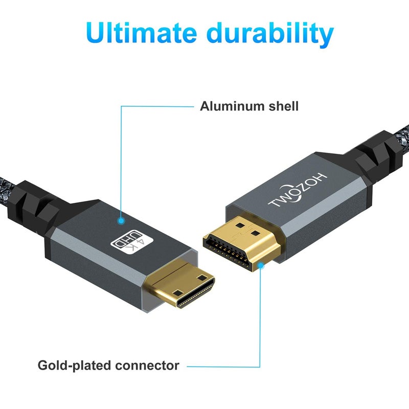 Twozoh Mini HDMI to HDMI Cable 1FT 2 Pack, Nylon Braided HDMI to Mini HDMI Support 3D/4K@60Hz 18Gbps/2160P/1080P for Nikon/Canon DSLR, Camcorder, Laptop, Tablet and Graphics/Video Card - Image 2