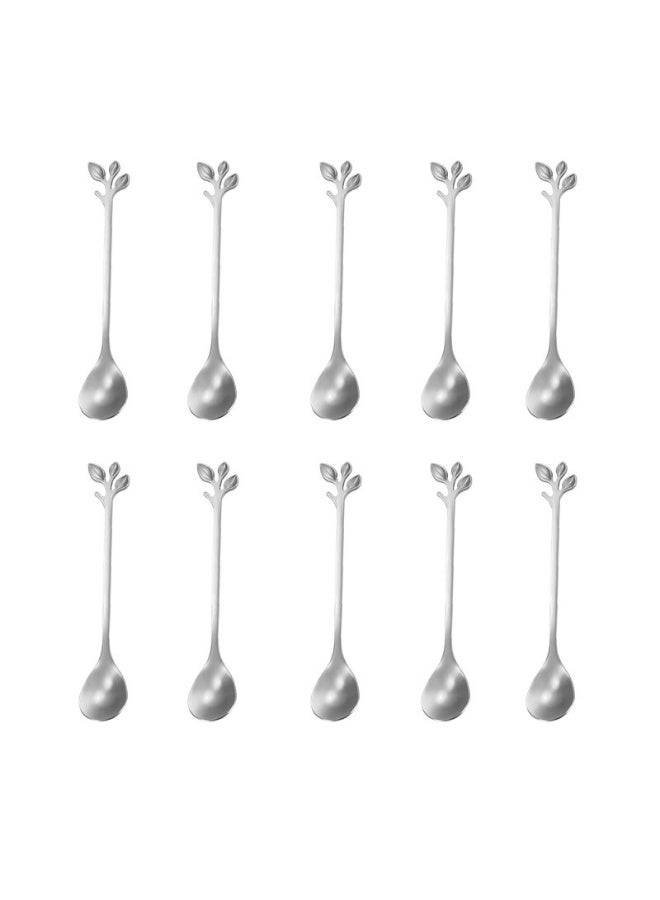 10-Piece Stainless Steel Elegant Silver Leaf Coffee Spoons Set 12 x 2.5cm  - Image 1