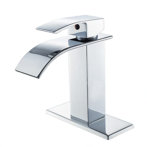VOTON Chrome Bathroom Faucets Modern Single Handle Waterfall Sink Faucet for 1 or 3 Holes with Deck Plate, Rv Sink Camper Farmhouse Bathroom Utility Remodel Faucet - Image 1
