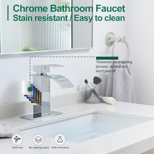 VOTON Chrome Bathroom Faucets Modern Single Handle Waterfall Sink Faucet for 1 or 3 Holes with Deck Plate, Rv Sink Camper Farmhouse Bathroom Utility Remodel Faucet - Image 5