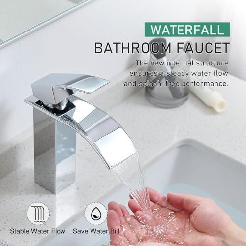 VOTON Chrome Bathroom Faucets Modern Single Handle Waterfall Sink Faucet for 1 or 3 Holes with Deck Plate, Rv Sink Camper Farmhouse Bathroom Utility Remodel Faucet - Image 3