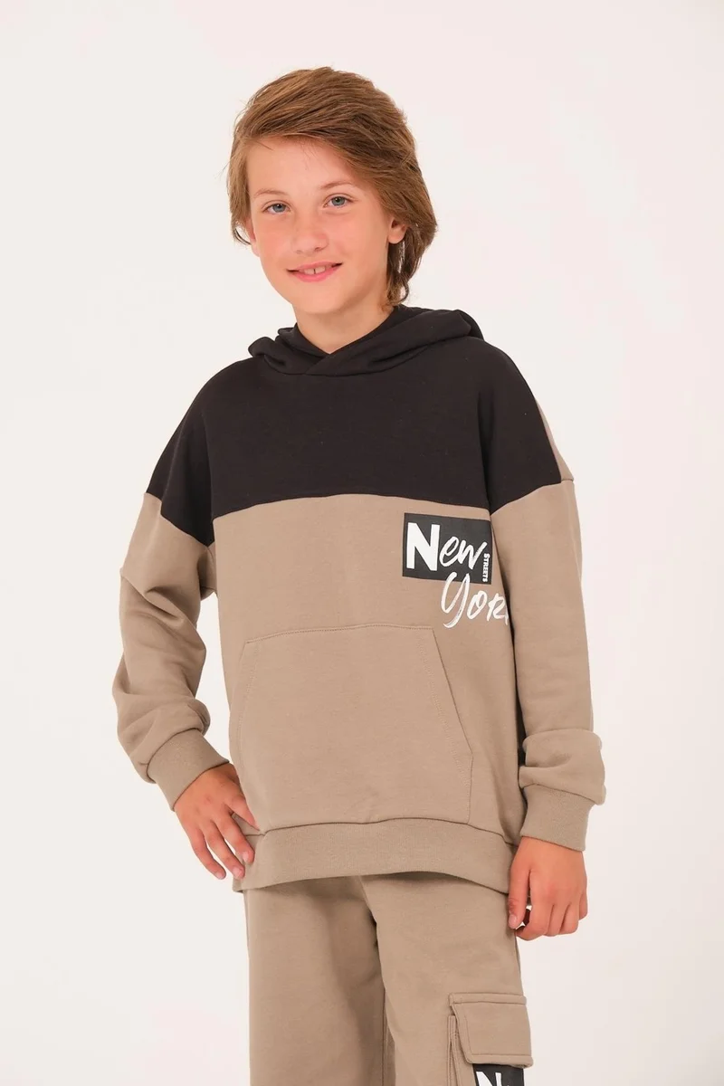 Jazziee Unisex Kids Printed Hooded Sweatshirt - Light Khaki