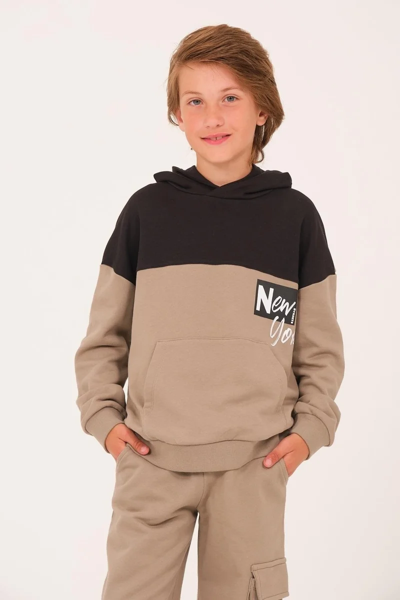 Jazziee Unisex Kids Printed Hooded Sweatshirt - Light Khaki