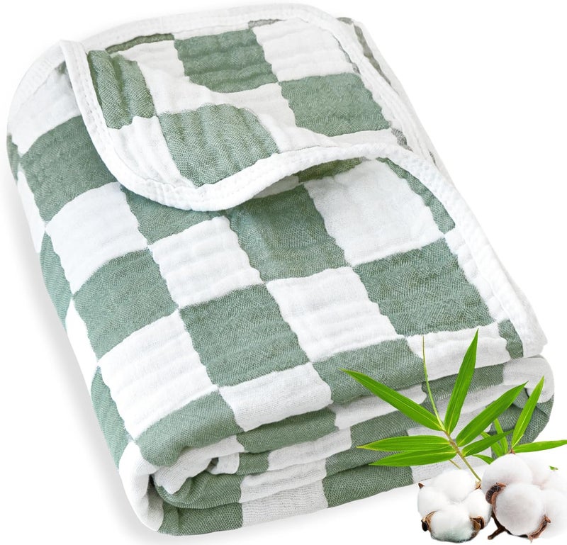 BEILIMU Muslin Baby Blanket Unisex Sage Green Checkerboard Toddler Blanket for Bed 70 Cotton and 30 Rayon Breathable Swaddle Blankets for Newborn Infant 43 x 43 Inches - Image 1