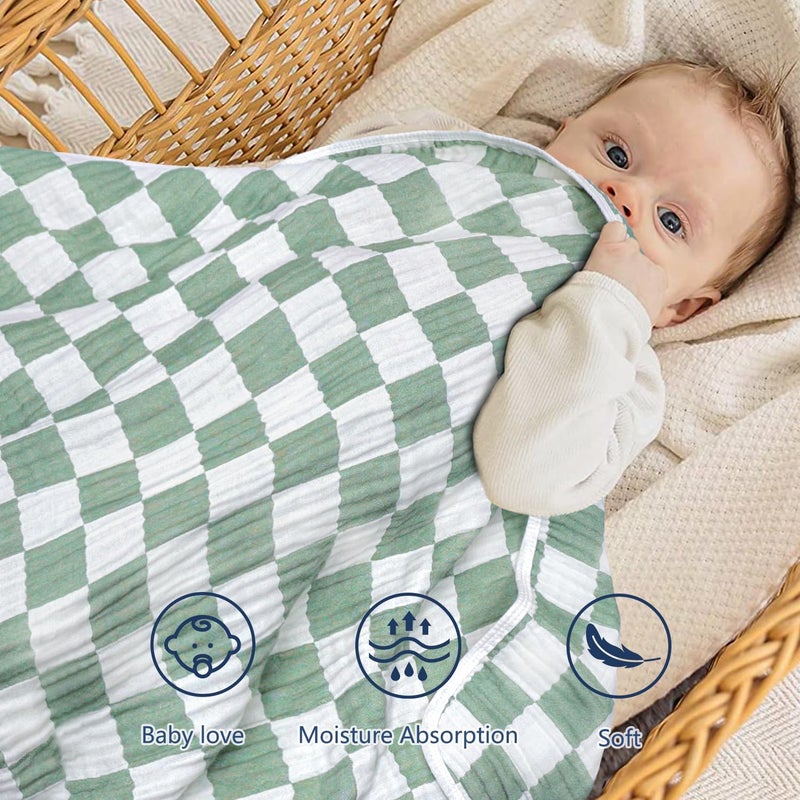 BEILIMU Muslin Baby Blanket Unisex Sage Green Checkerboard Toddler Blanket for Bed 70 Cotton and 30 Rayon Breathable Swaddle Blankets for Newborn Infant 43 x 43 Inches - Image 2