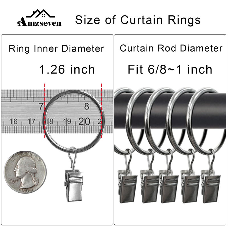 AMZSEVEN 40 Pack Curtain Rings with Clips, Drapery Clips with Rings, Drapes Rings 1.26 in Interior Diameter, Fits up to 1 Inch Curtain Rod, Silver - Image 3