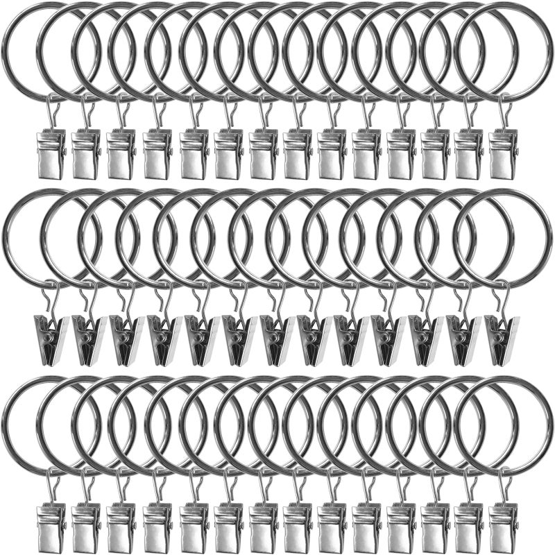 AMZSEVEN 40 Pack Curtain Rings with Clips, Drapery Clips with Rings, Drapes Rings 1.26 in Interior Diameter, Fits up to 1 Inch Curtain Rod, Silver - Image 1