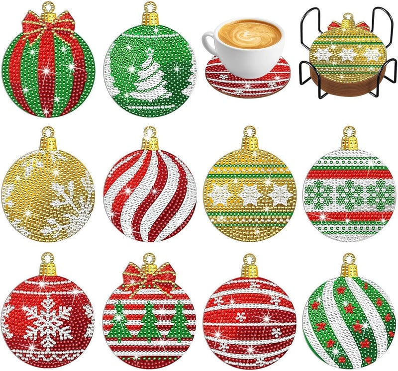 Hoxxu 10pcs Christmas Diamond Art Coasters Kit, 5D Christmas Diamond Painting Kits with Stand, Ideal for Cups, Wine Glasses, Perfect for Holiday Decor Table Setting - Image 1