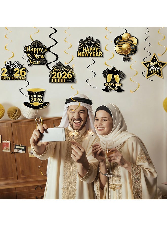 32 قطعة 2026 سنة جديدة سعيدة زخارف معلقة سوداء وذهبية زخارف سقف لـ  المنزل الفندق البار قاعة الرقص حفلة ليلة رأس السنة رمضان عيد الفطر احتفال العيد زخارف السقف 2026 زخارف معلقة لرأس السنة الجديدة - Image 3