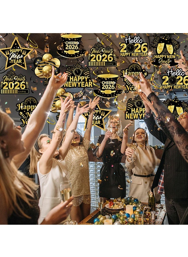32 قطعة 2026 سنة جديدة سعيدة زخارف معلقة سوداء وذهبية زخارف سقف لـ  المنزل الفندق البار قاعة الرقص حفلة ليلة رأس السنة رمضان عيد الفطر احتفال العيد زخارف السقف 2026 زخارف معلقة لرأس السنة الجديدة - Image 5