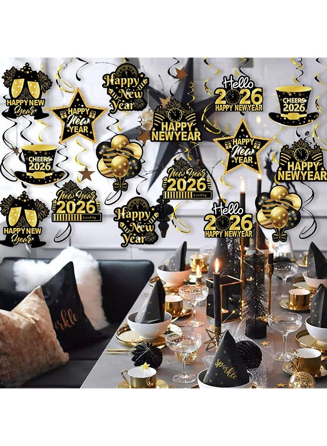 32 قطعة 2026 سنة جديدة سعيدة زخارف معلقة سوداء وذهبية زخارف سقف لـ  المنزل الفندق البار قاعة الرقص حفلة ليلة رأس السنة رمضان عيد الفطر احتفال العيد زخارف السقف 2026 زخارف معلقة لرأس السنة الجديدة - Image 4