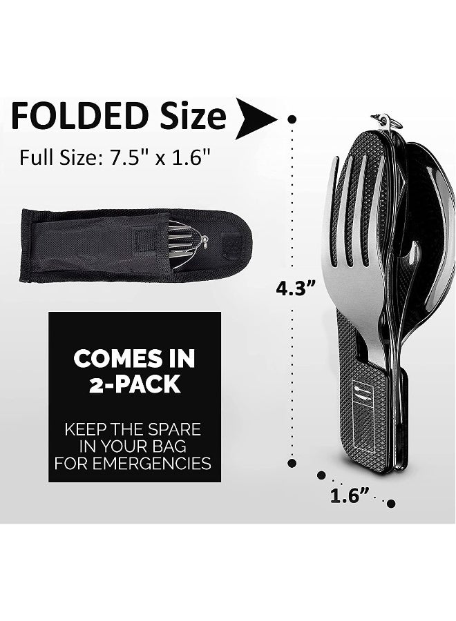 4-in-1 Camping Utensils 2 Pack Portable Stainless Steel Spoon Fork Knife & Bottle Opener Combo Set For Travel Backpacking Cutlery Multitool Folding Knife and Fork Spoon Combination Green  - Image 2