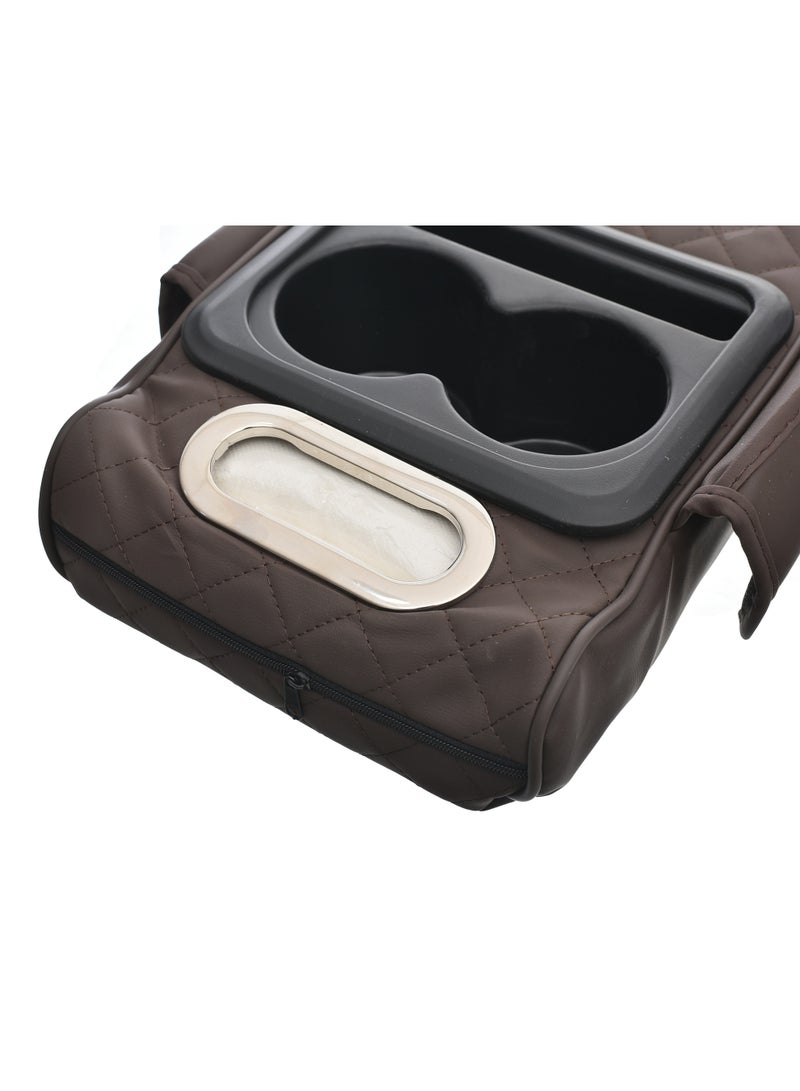Genaric Multifunctional Car Center Console Cover with Comfort Cushion, Cup Holder, Tissue Box, and Side Pockets for Enhanced Armrest Support - Brown - Image 5