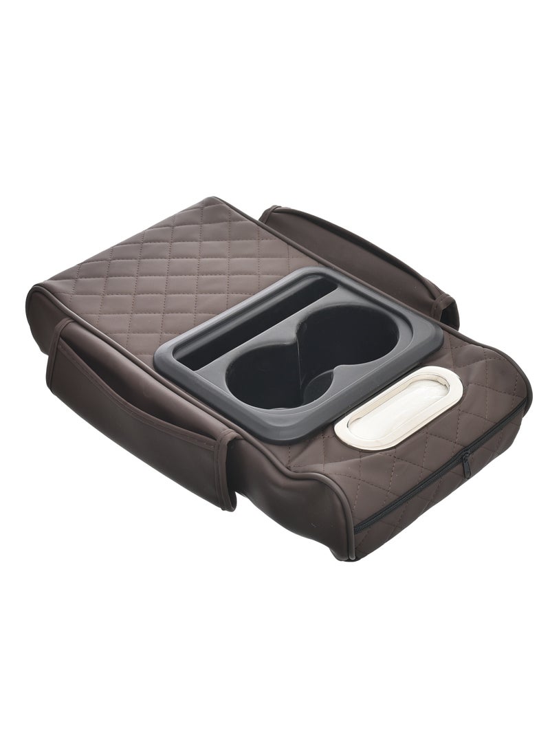 Genaric Multifunctional Car Center Console Cover with Comfort Cushion, Cup Holder, Tissue Box, and Side Pockets for Enhanced Armrest Support - Brown - Image 2