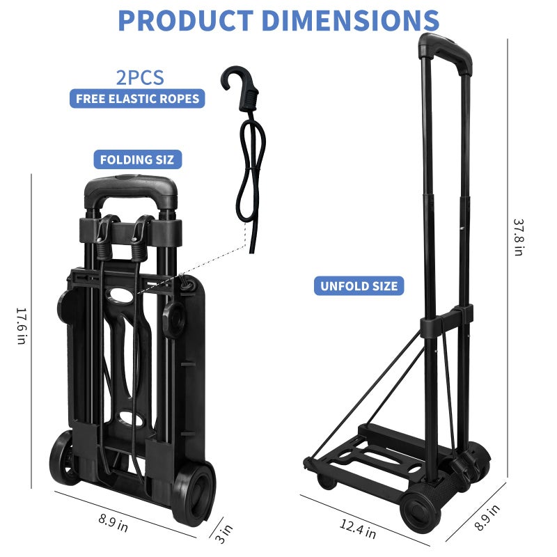 VDHU Folding Hand Truck Lightweight Portable Cart,VDHU 2 Wheels Fold Up Hand Cart with Elastic Ropes,Compact Utility Cart with 40kg/90lbs Heavy Duty 2 Wheels for Moving Travel Shopping Office Luggage Use - Image 2