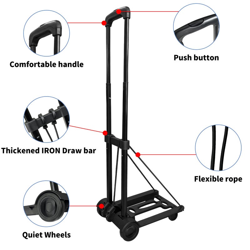 VDHU Folding Hand Truck Lightweight Portable Cart,VDHU 2 Wheels Fold Up Hand Cart with Elastic Ropes,Compact Utility Cart with 40kg/90lbs Heavy Duty 2 Wheels for Moving Travel Shopping Office Luggage Use - Image 4
