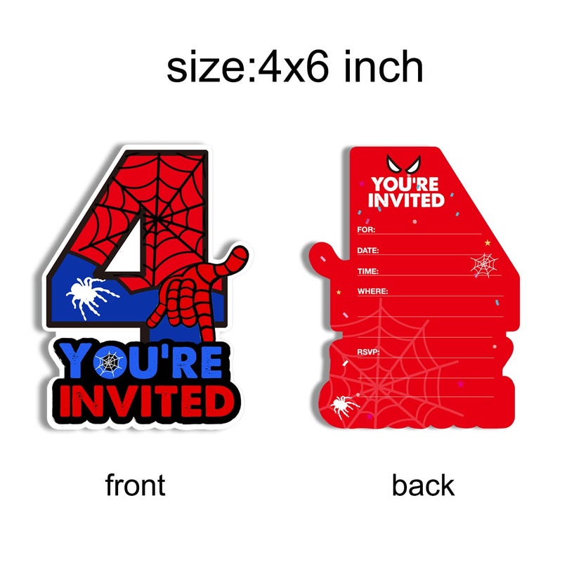 PIXCEOS Superhero 4th Birthday Party Invitations with Envelopes 4 Year Old Birthday Four Shaped Invites Card Boy Party Favors Decorations Supply, 20 Count - Image 2