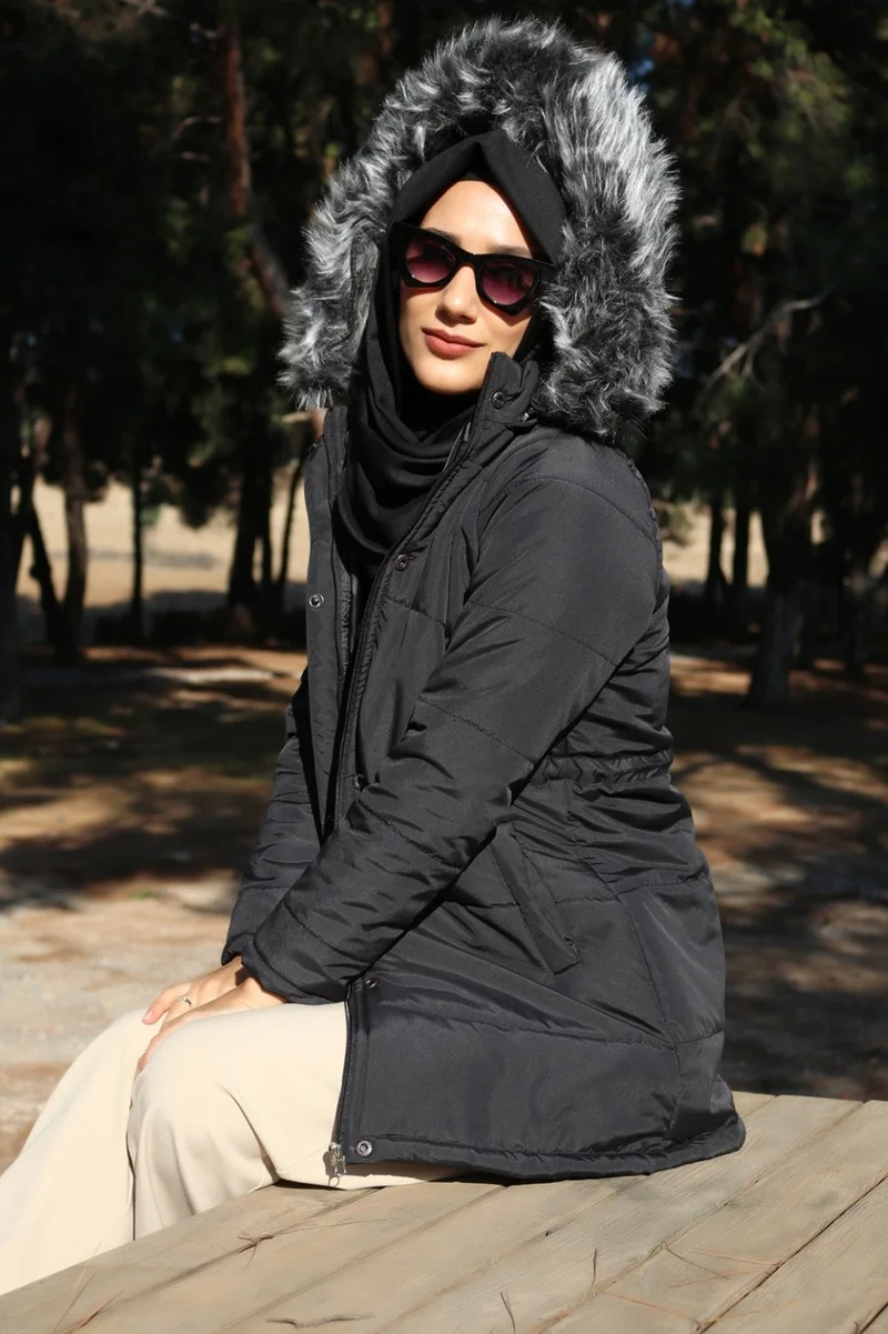 Winter Collar Fur Long Women's Puffer Hijab Coat BT122BLACK