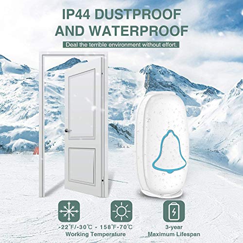TOZUNYI BO YING Wireless Doorbell, Waterproof Door Bell with 38 Melodies and Led Flash,1000-Foot Range, 4 Level Volume, 2 Remote Buttons & 1 Receiver, (White) - Image 4