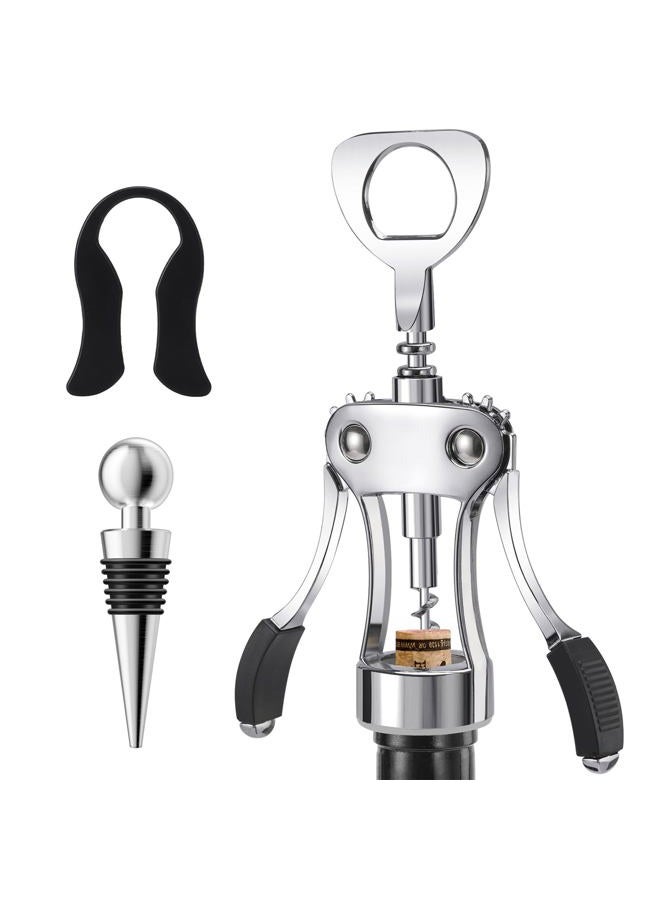 KORCCI Wine Opener with Stopper, Cutter - Wine Bottle Opener Bundle, Zinc Alloy Wing Corkscrew Heavy Duty, Cork Screw Beer Opener for Bartenders, Multifunctional Bottle Opener for Kitchen, Restaurant, Bar - Image 1