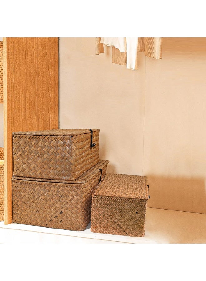 سلة تخزين من الخوص، صندوق تخزين من الخيزران المنسوج مع أغطية، سلال غسيل من الأعشاب البحرية، منظم مكياج للحمام، غرفة المعيشة، المطبخ (كبير) - Image 4