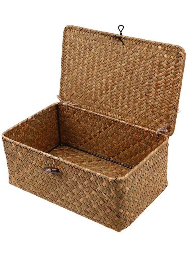 سلة تخزين من الخوص، صندوق تخزين من الخيزران المنسوج مع أغطية، سلال غسيل من الأعشاب البحرية، منظم مكياج للحمام، غرفة المعيشة، المطبخ (كبير) - Image 1