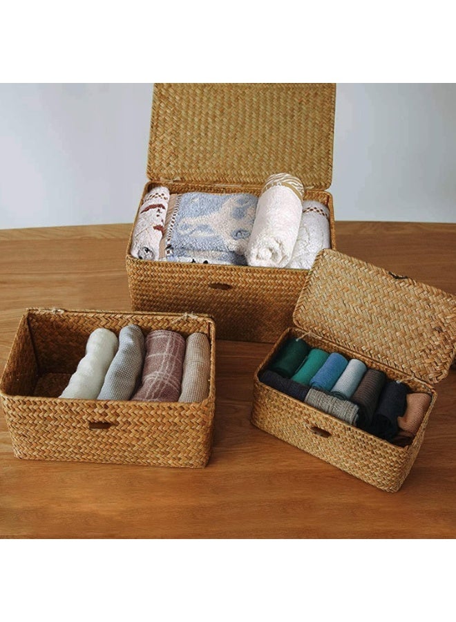 سلة تخزين من الخوص، صندوق تخزين من الخيزران المنسوج مع أغطية، سلال غسيل من الأعشاب البحرية، منظم مكياج للحمام، غرفة المعيشة، المطبخ (كبير) - Image 3