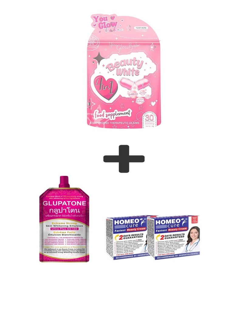You Glow Babe GLUPATONE Extreme Whitening Emulsion 50ml With Homeo Cure Cream Pack Of 2 And Beauty White 4-in-1 Glutathione, Hydrolysed Collagen, Vitamin C, Garcinia Cambogia Food Supplement, 30 Capsules 