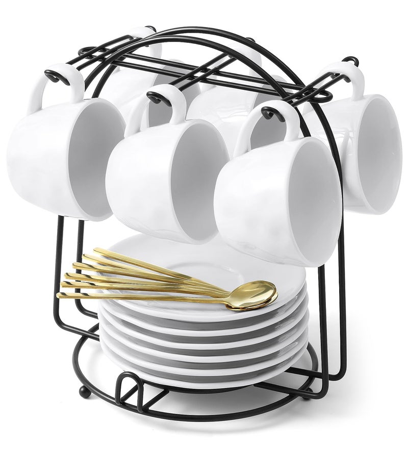 Yedio 4 oz Espresso Cups with Saucers and Metal Stand Spoons Porcelain Stackable Coffee Cups Demitasse Cups Perfect for Single or Double Espresso Cappuccino Latte and Tea  Set of 6 White