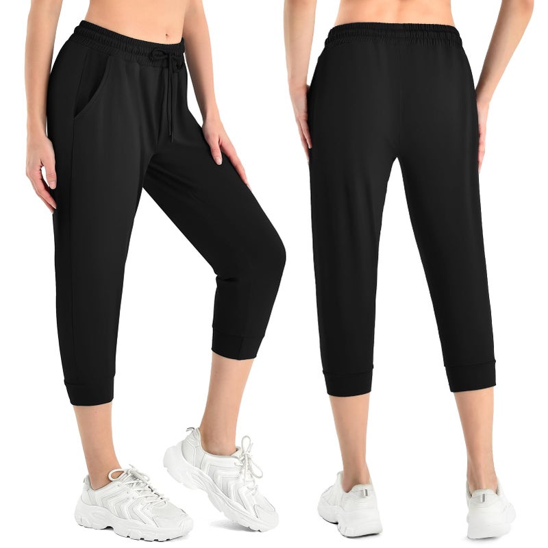 Walifrey Capri Pants for Women with Pockets, Cropped Joggers Drawstring Sweatpants for Lounging Workout and Gym Black,1 Pack Black L - Image 2