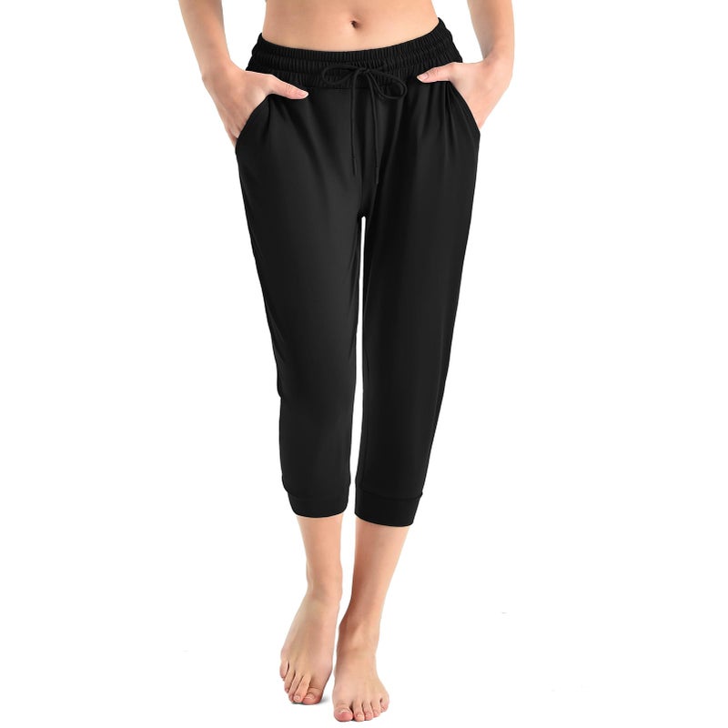 Walifrey Capri Pants for Women with Pockets, Cropped Joggers Drawstring Sweatpants for Lounging Workout and Gym Black,1 Pack Black L - Image 1