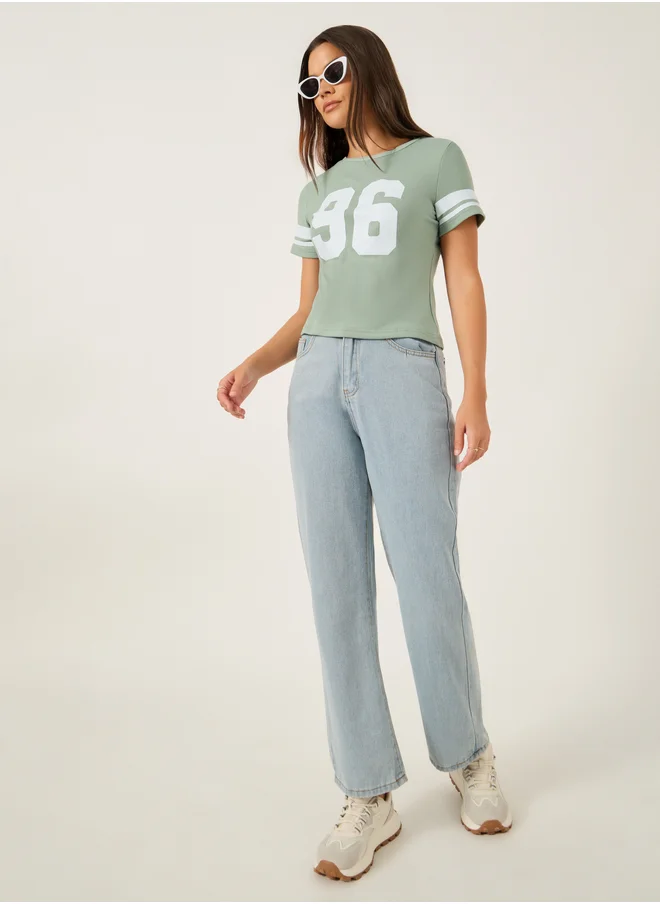 ستايلي Varsity Print Short Sleeve Cropped Fitted T-Shirt