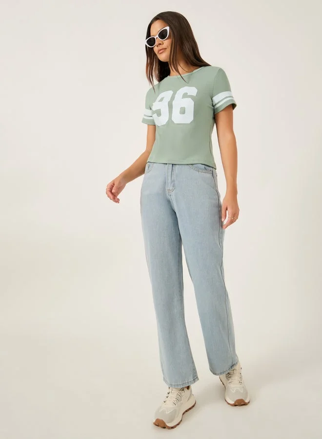 Styli Varsity Print Short Sleeve Cropped Fitted T-Shirt