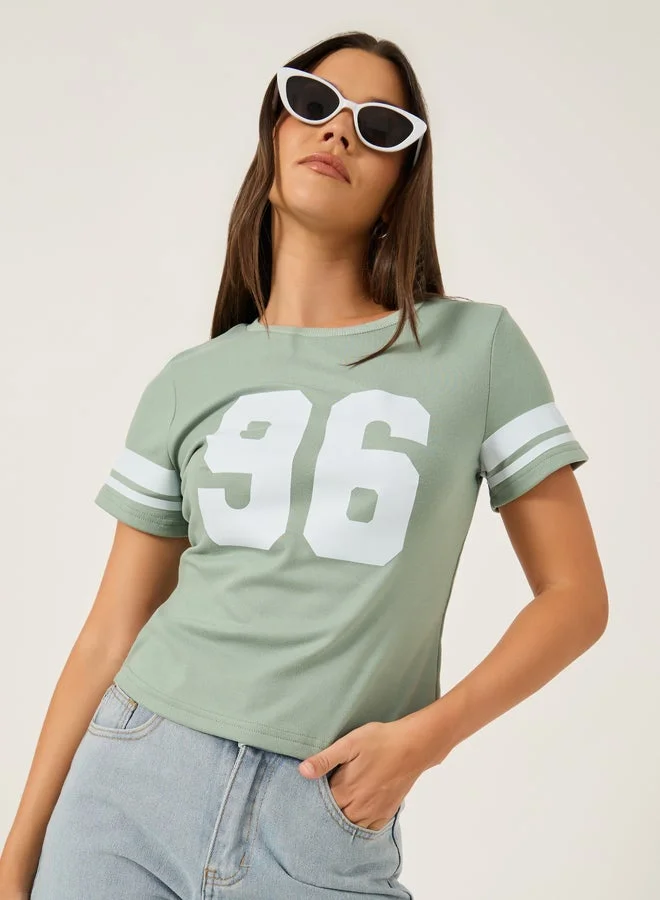 Styli Varsity Print Short Sleeve Cropped Fitted T-Shirt