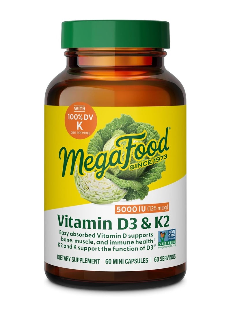 MegaFood - MegaFood Vitamin D3 5000 IU (125 mcg) - Vegetarian Vitamin D Supplements with Vitamin D3 K2, Supports Bones, Teeth, Muscles & Immune Health, Certified Non-GMO - 60 Mini Capsules, 60 Servings - Image 1