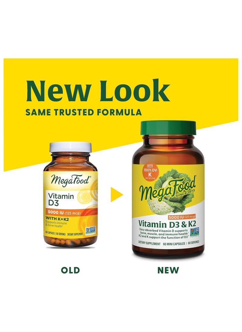 MegaFood - MegaFood Vitamin D3 5000 IU (125 mcg) - Vegetarian Vitamin D Supplements with Vitamin D3 K2, Supports Bones, Teeth, Muscles & Immune Health, Certified Non-GMO - 60 Mini Capsules, 60 Servings - Image 1