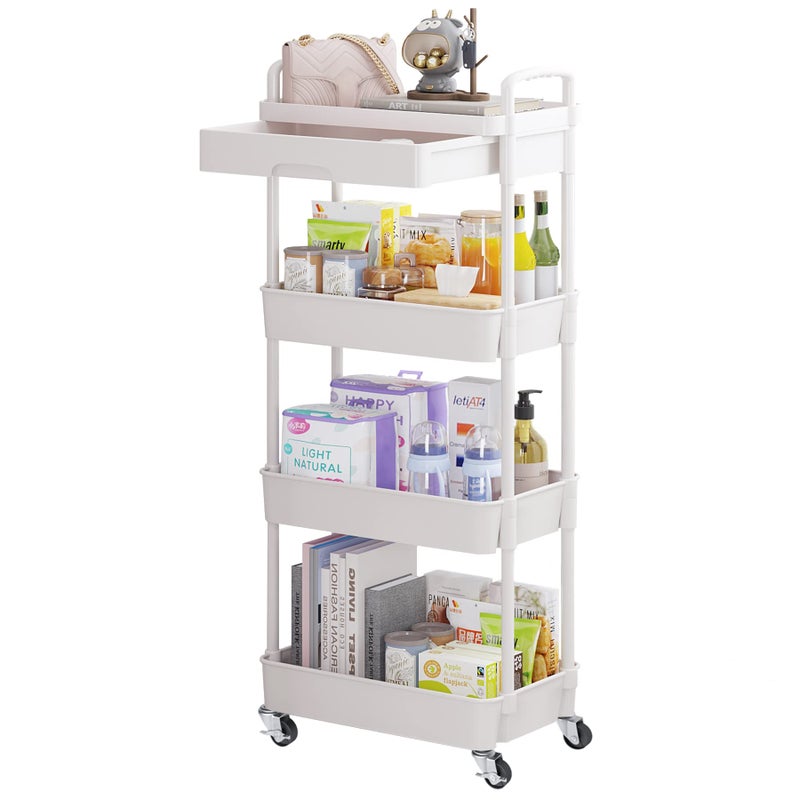 Calmootey 4Tier Rolling Utility Cart with DrawerMultifunctional Storage Organizer with Plastic Shelf  Metal WheelStorage Cart for KitchenBathroomLiving RoomOfficeWhite