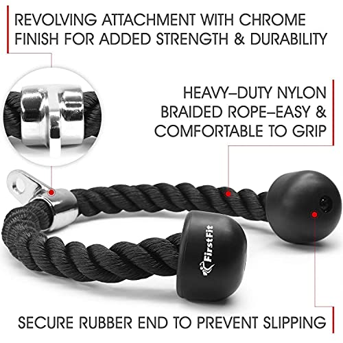 FirstFit Tricep Rope Pull Down Fitness Cable Attachment with Stainless Steel Snap Hook- Lats, Biceps, Triceps, Gym or Home - 27" inch Tricep Rope - Black - Image 3