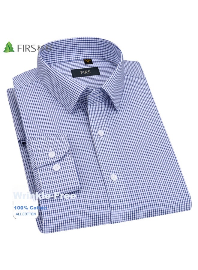 Firs Dp Non-iron Long Sleeve Men's Business Casual Pure Cotton Shirt A1-879 Blue Checkered 44 - Image 1